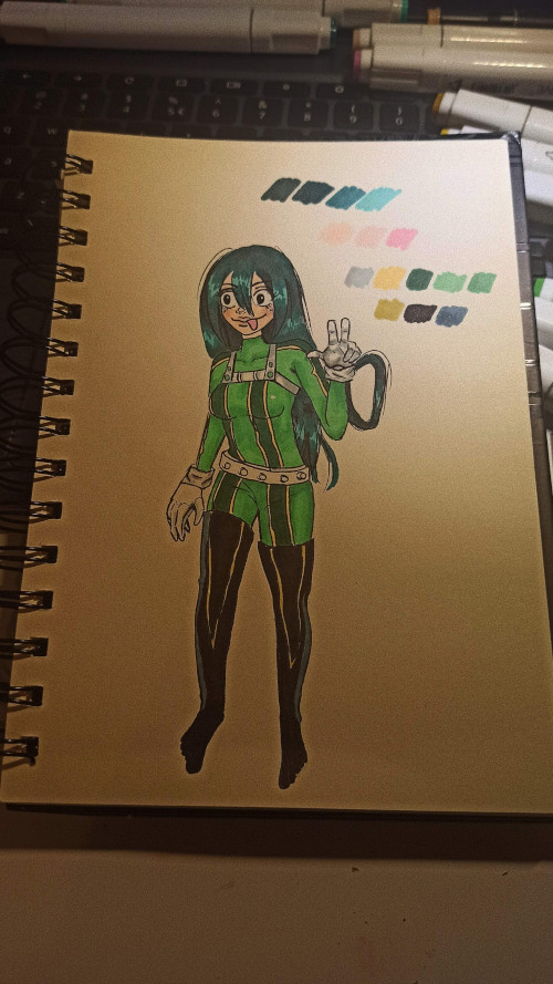 Dit is een tekening van Tsuyu uit de anime My Hero Academia. Ik hou erg van tekenen en heb geprobeerd dit personage in mijn eigen stijl te tekenen.